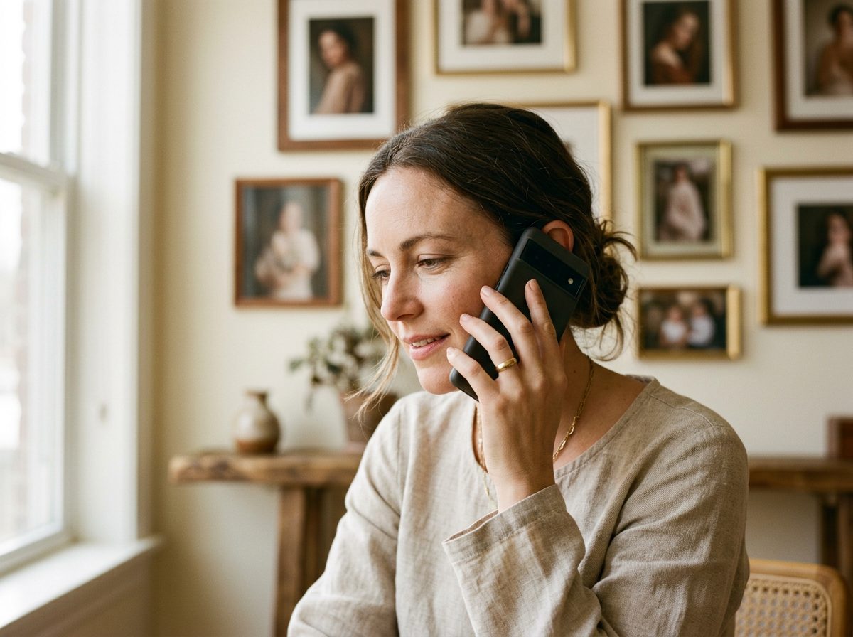 A booking consultant mid-call, phone to her ear, framed portraits behind her