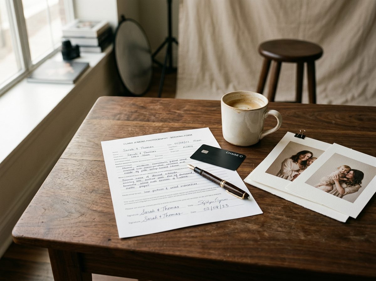 A signed booking form on a timber table with a bank card laid across it, a fountain pen, a coffee cup and two matted portrait prints