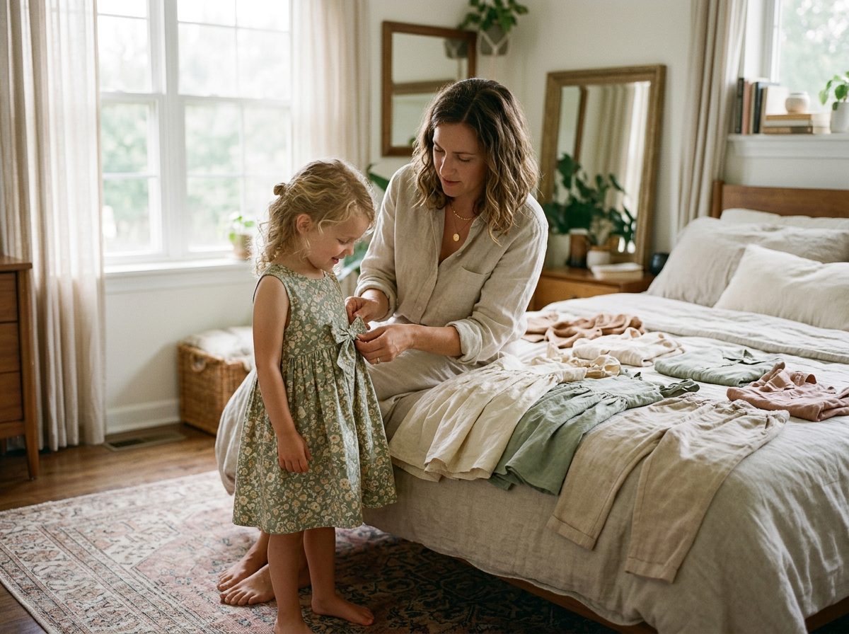 A mother adjusting her young daughter's dress on a bed, outfits laid out beside them in morning light