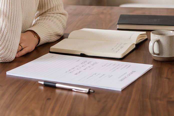 A printed form, an open notebook and a pen on a walnut desk