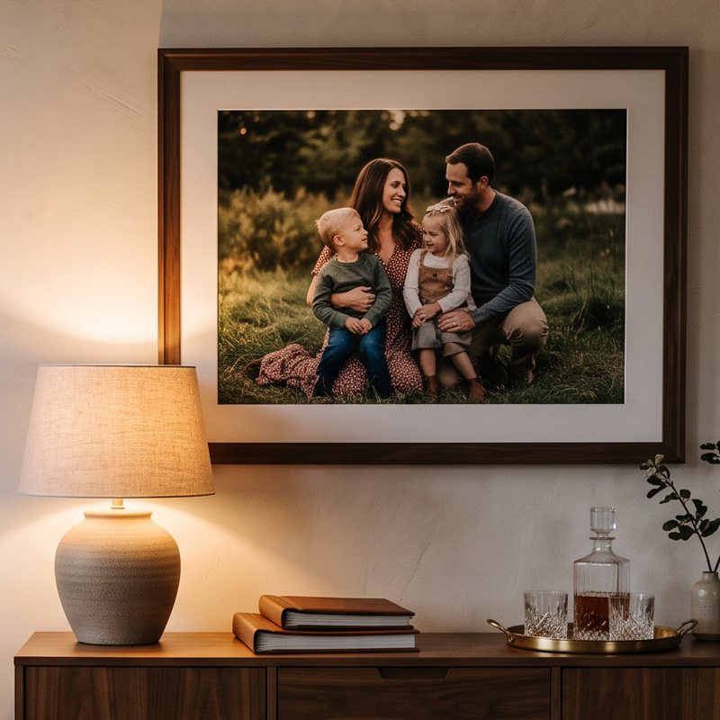 A large framed family portrait hanging above a walnut sideboard, lit by a table lamp in the evening