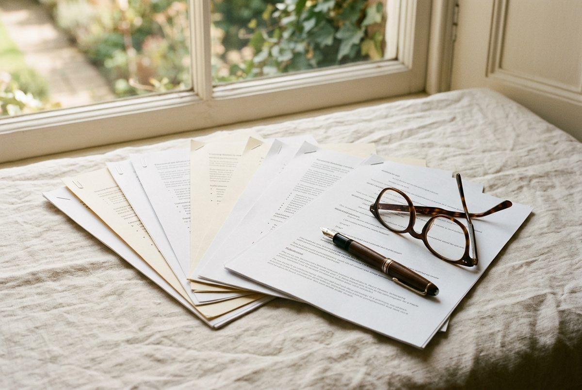 Printed booking sheets, scripts and checklists laid out on a linen seat, the paperwork a studio booker works from