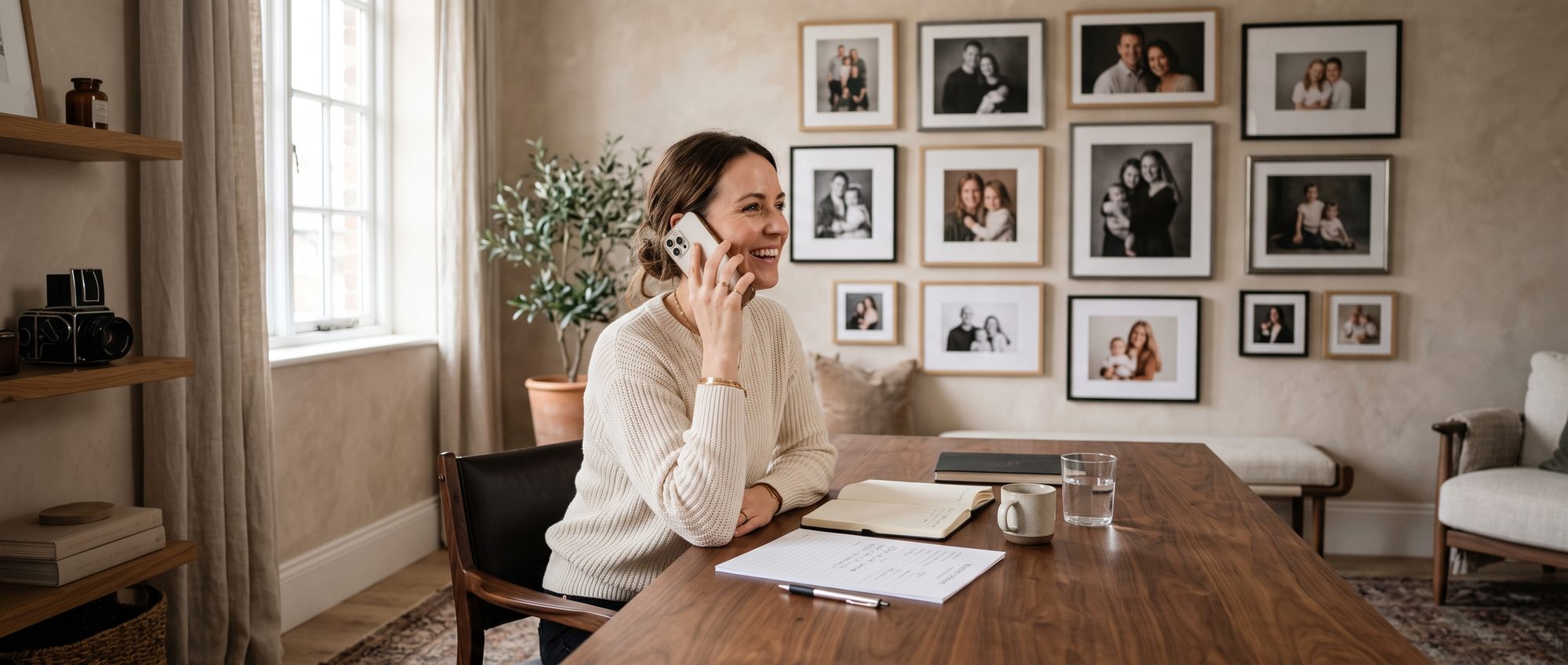 A booking consultant on the phone at a walnut desk in warm window light