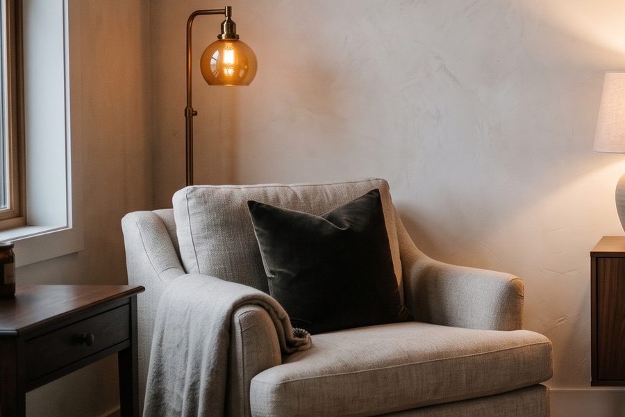 An empty armchair beside a lit floor lamp in a quiet corner of a portrait studio's viewing room