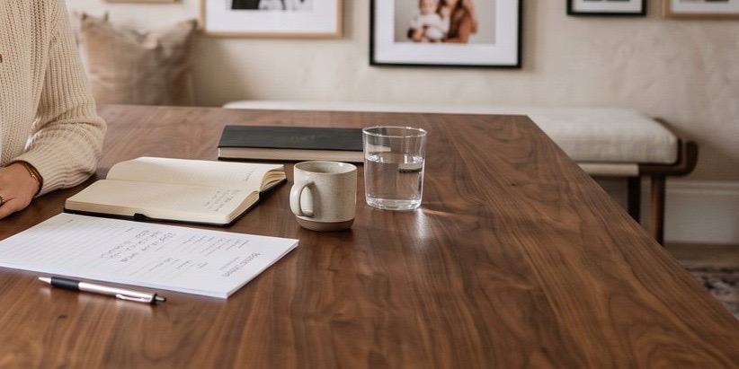 A booking consultant's desk mid-call: a handwritten lead sheet, an open notebook, a pen, a coffee cup and a glass of water on walnut
