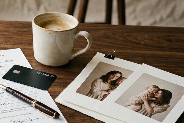 Two matted portrait prints clipped together on a timber table beside a coffee cup and a printed studio form