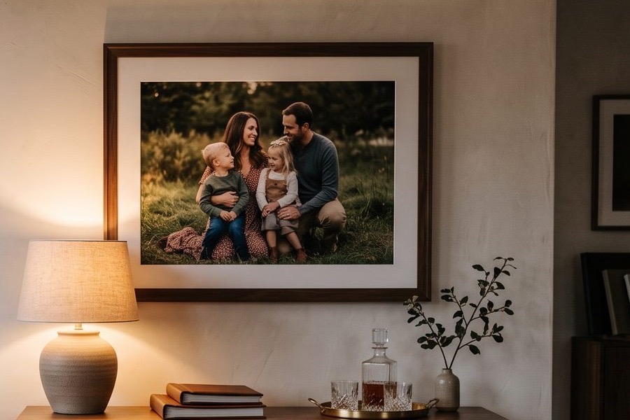 A framed portrait hanging on a plastered living room wall above a sideboard, lit by a table lamp in the evening