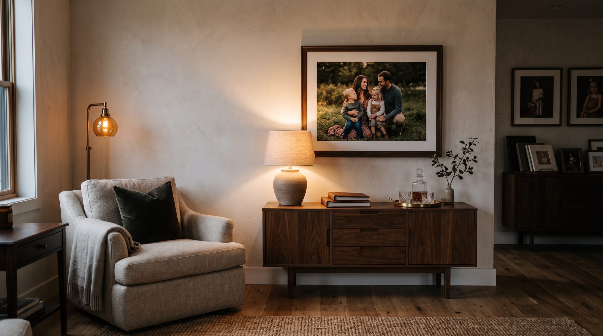 A living room in the evening: a large framed family portrait lit above a walnut sideboard, more framed portraits along the far wall