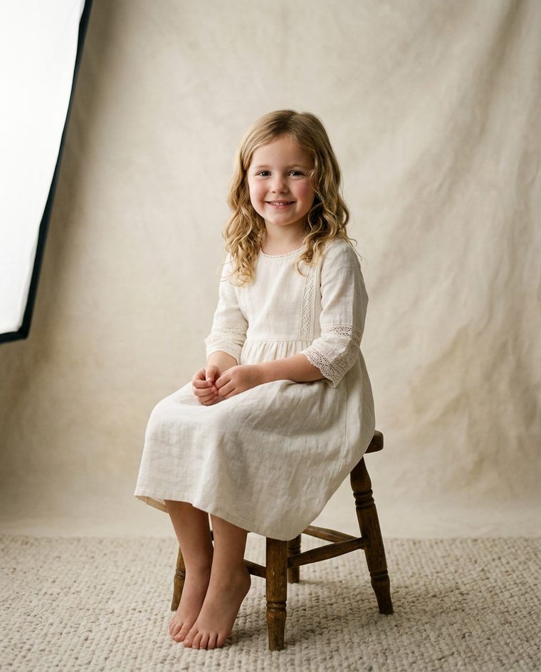 A studio portrait of a young child laughing