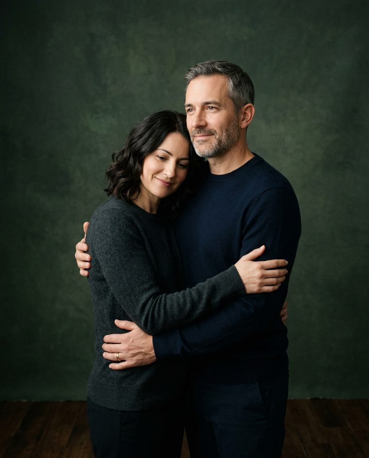 A studio portrait of a couple standing close together against a soft neutral backdrop