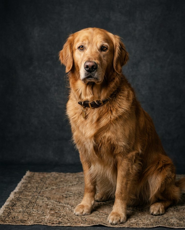 A studio portrait of a dog against a dark backdrop