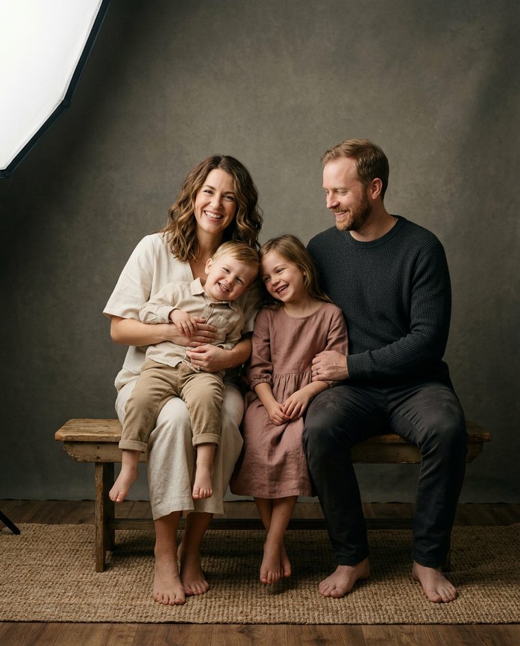 A luxury family portrait: parents and children in a warmly lit studio setting